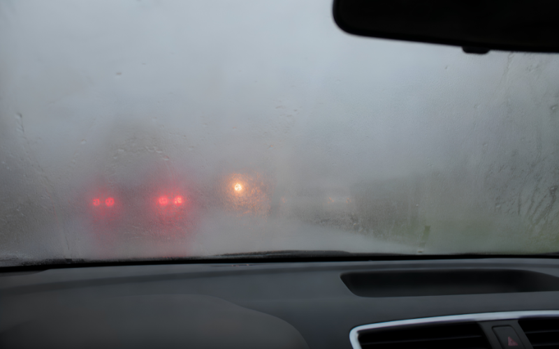 Fogged up car windscreen with heavy condensation during winter driving caused by poor airflow and moisture trapped inside the vehicle.