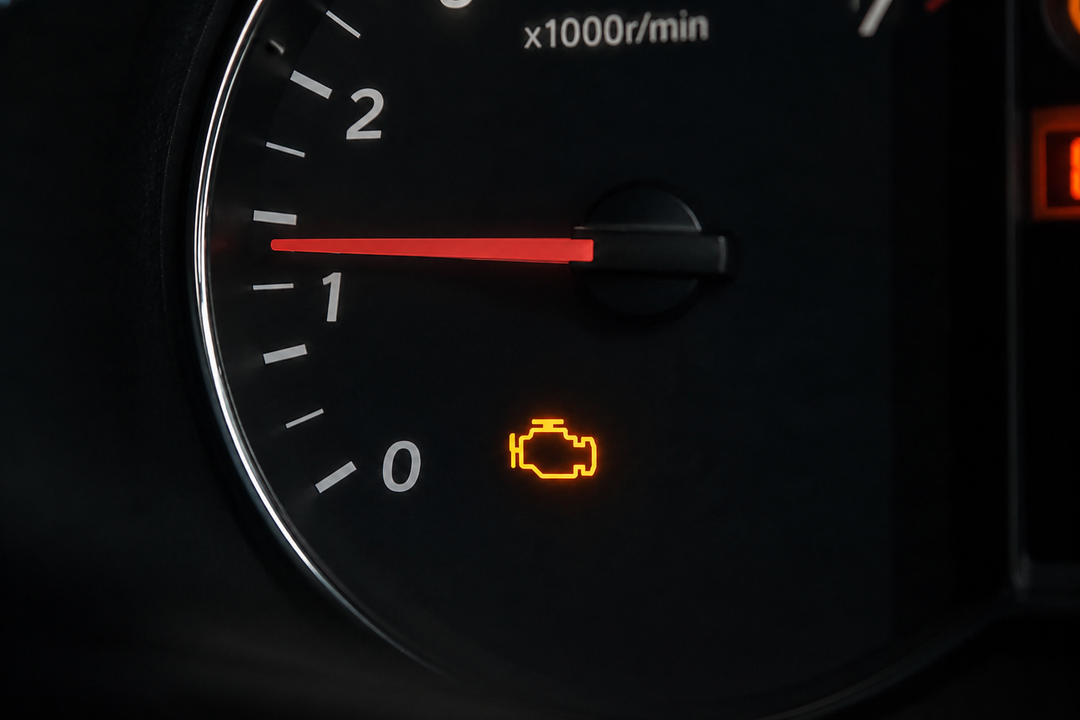 Check engine warning light illuminated on a vehicle dashboard