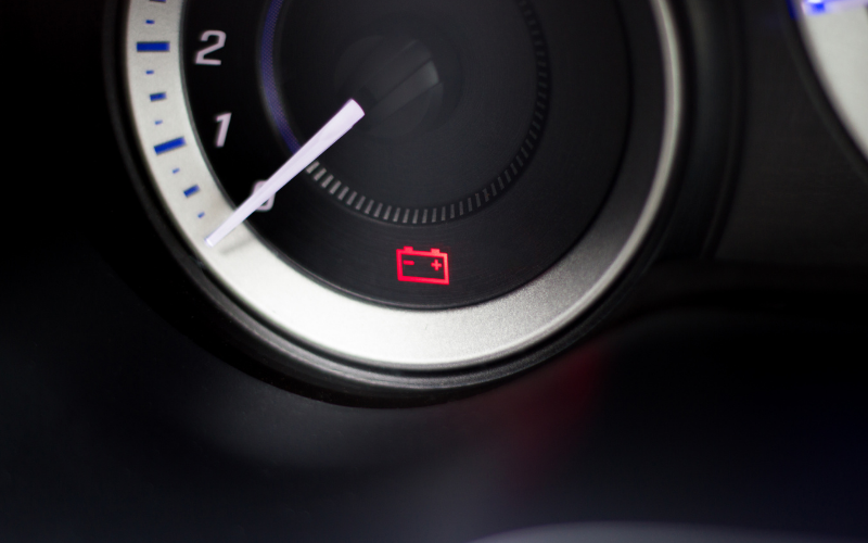 Red battery warning light illuminated on a car dashboard