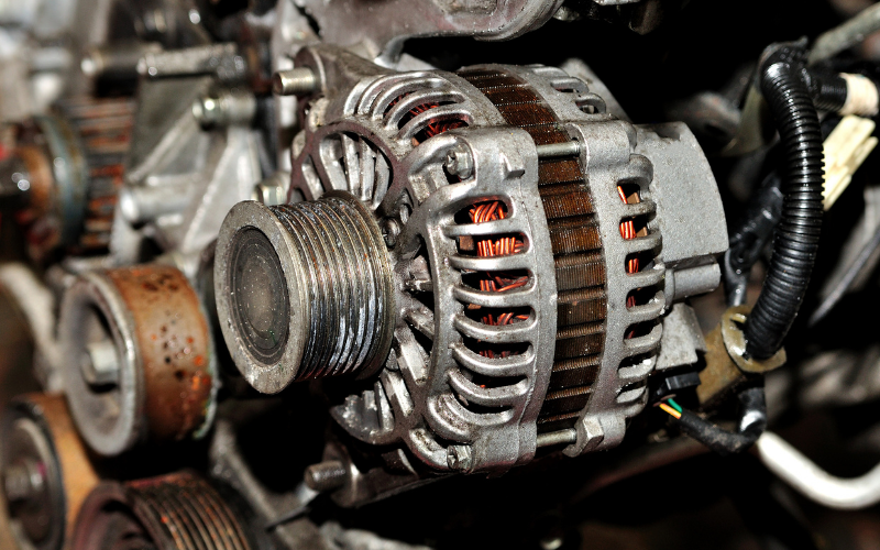 Close-up of a car alternator fitted to an engine